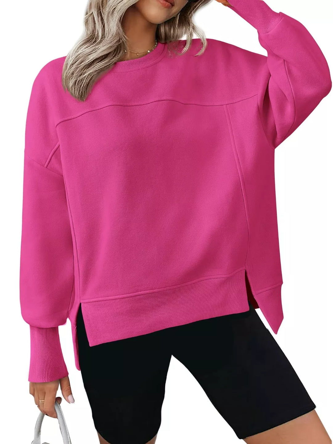 Side slit drop-shoulder relaxed crewneck sweatshirt