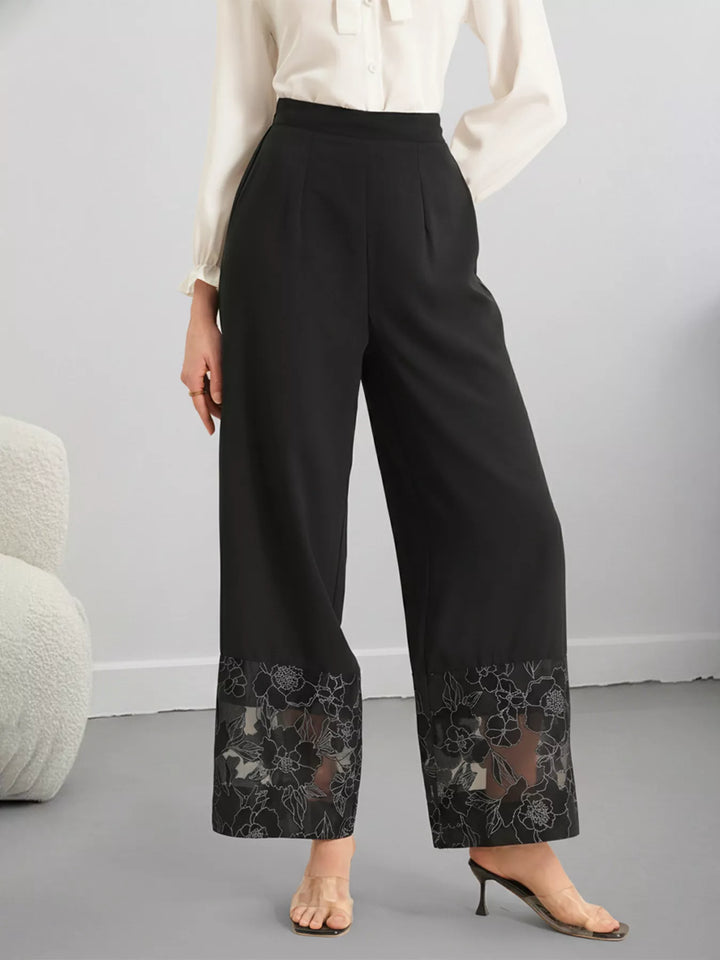 Black High-rise wide-leg pants with sheer floral lace hem