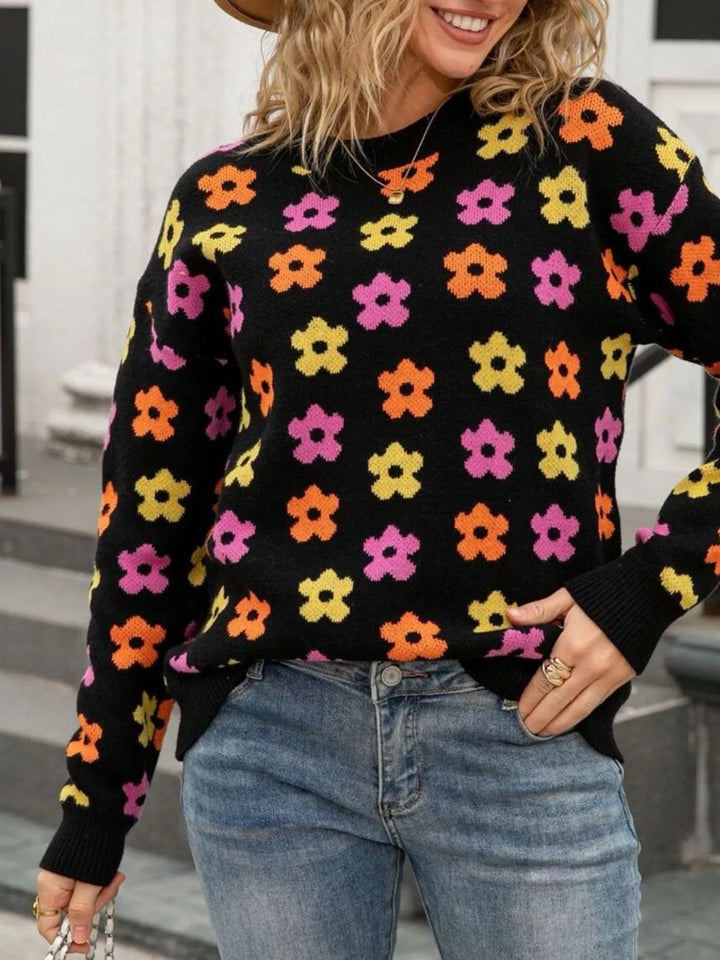 Retro daisy floral crew neck knit sweater