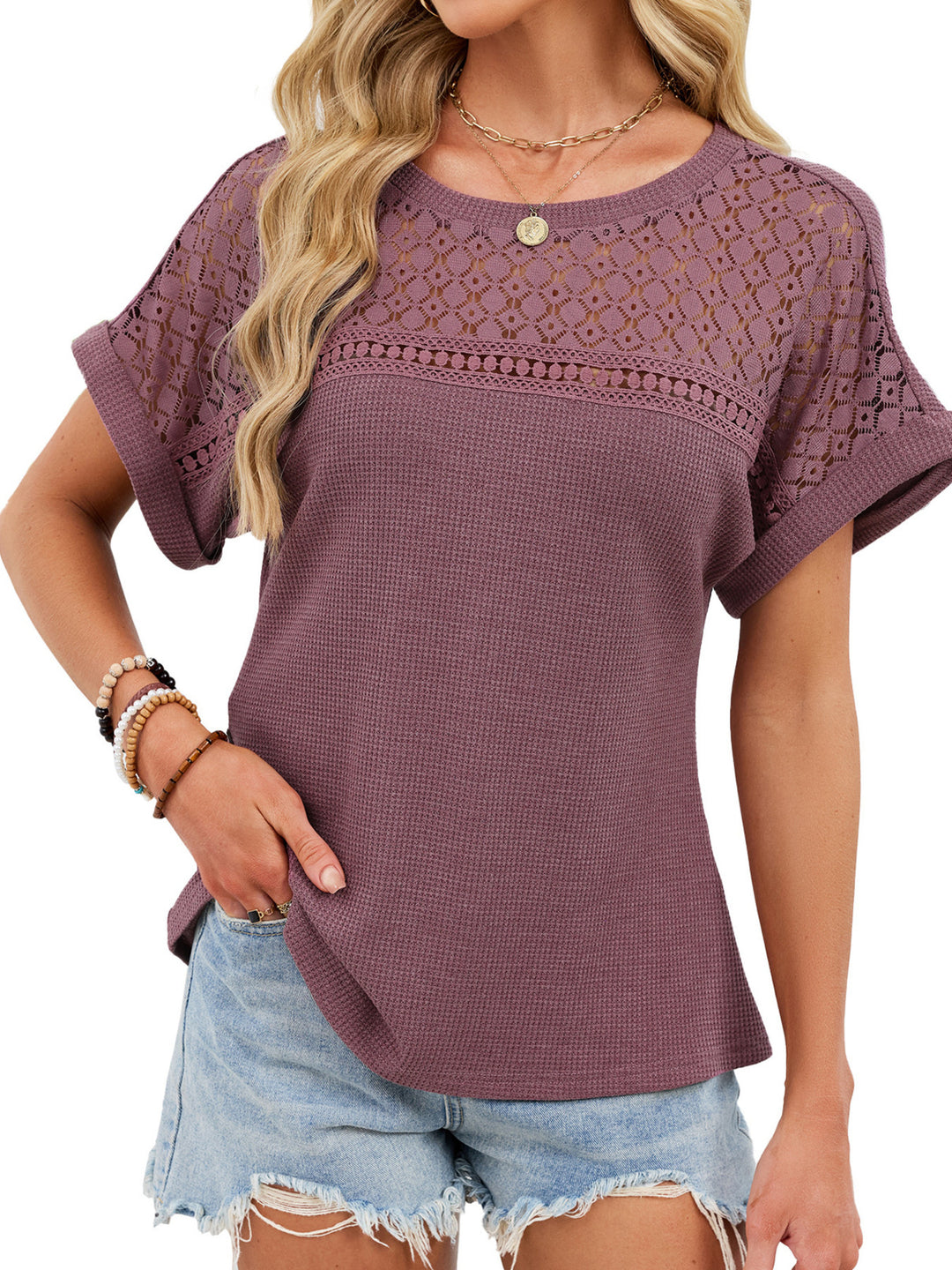 Brick Red Crochet lace yoke waffle knit short sleeve top