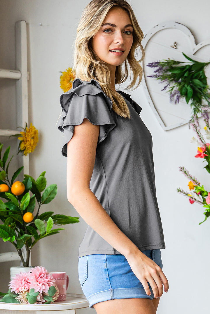 Layered ruffle flutter sleeve round neck top
