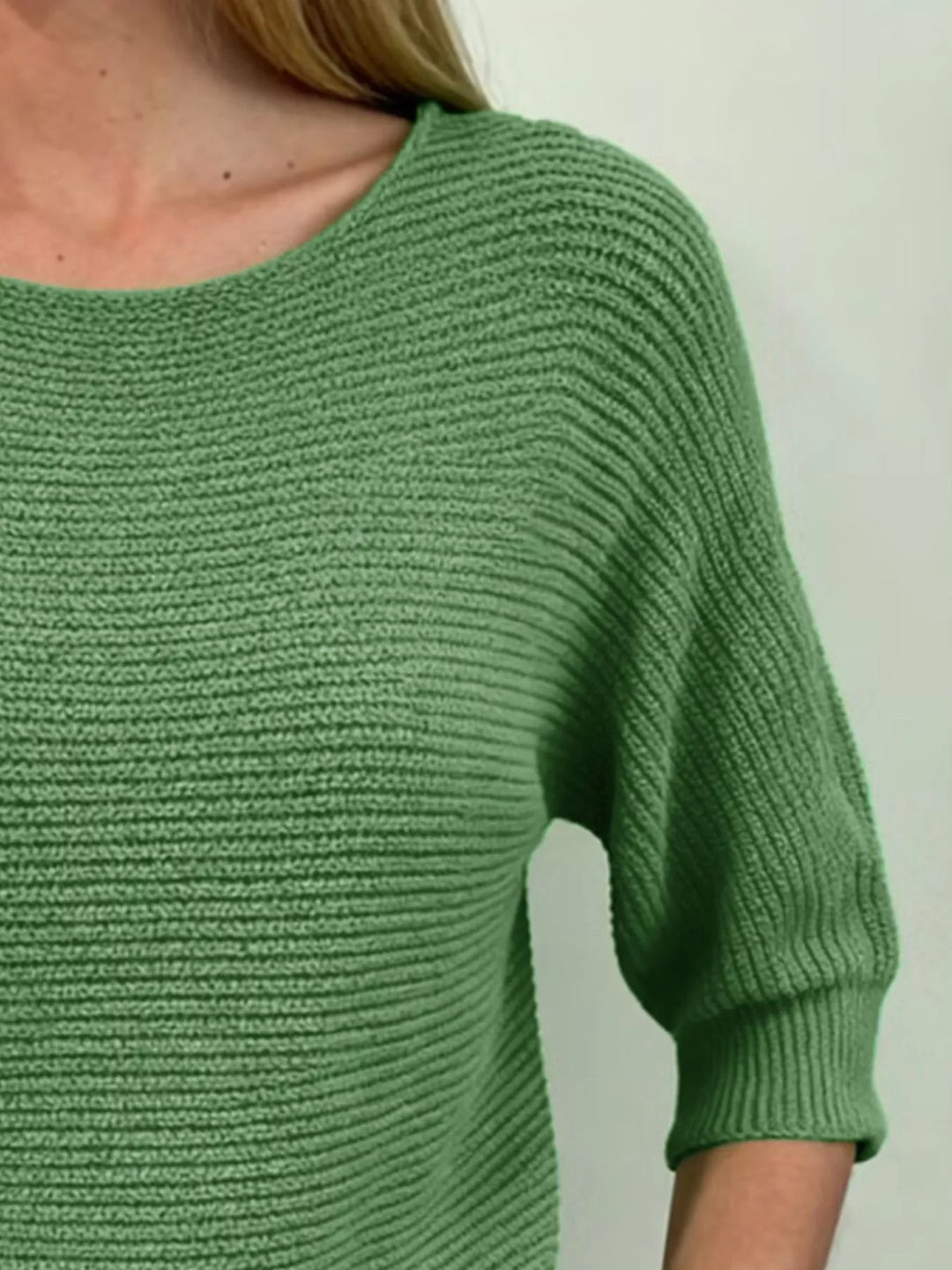 Ribbed knit round neck sweater with dolman sleeves