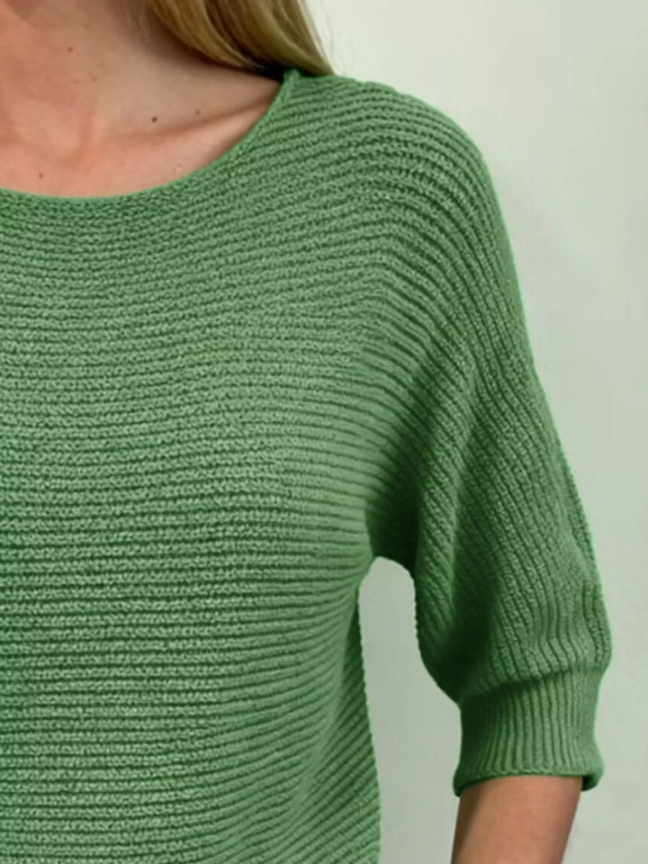 Ribbed knit round neck sweater with dolman sleeves