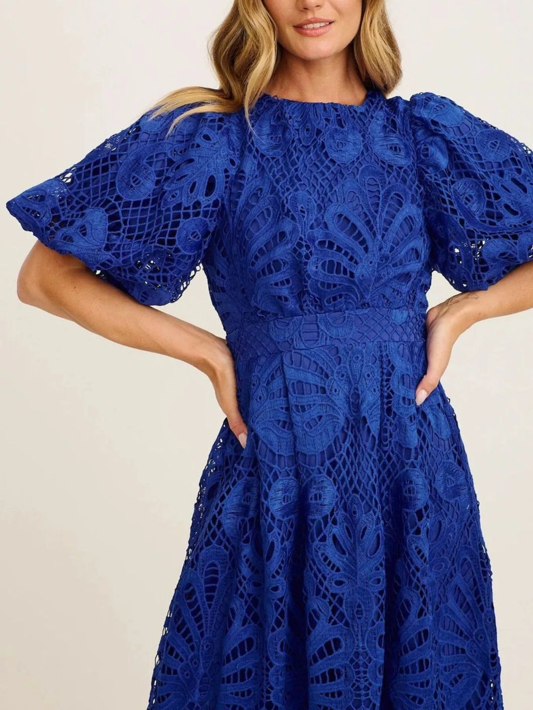 Crochet lace puff sleeve midi dress with scalloped hem
