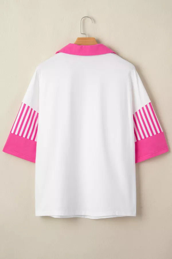 Striped color-block polo collar short-sleeve top