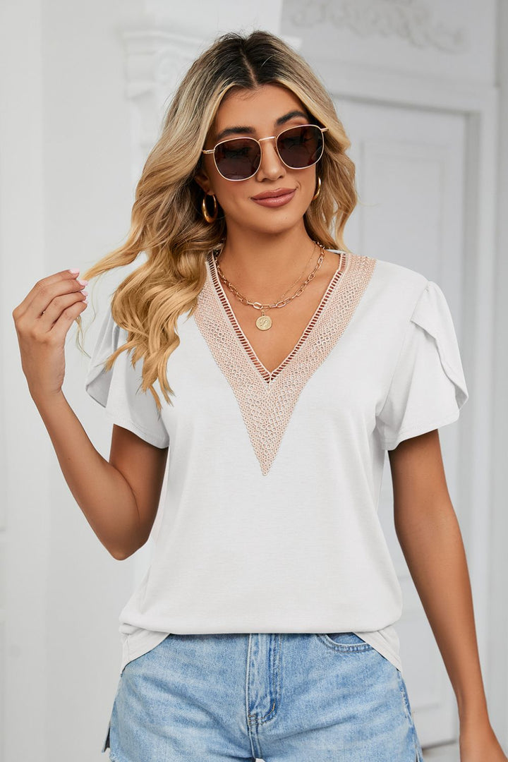 White Contrast crochet trim petal sleeve V-neck top
