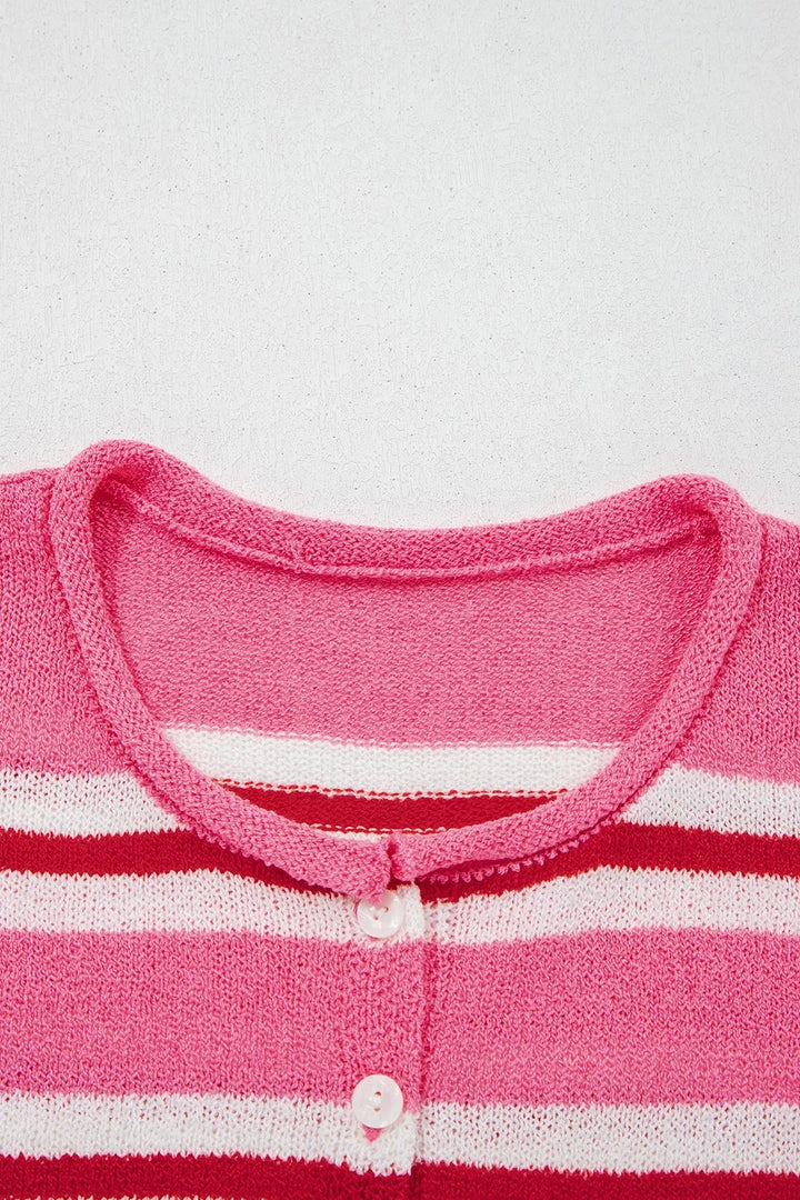Striped knit button-front cardigan with rolled crew neck