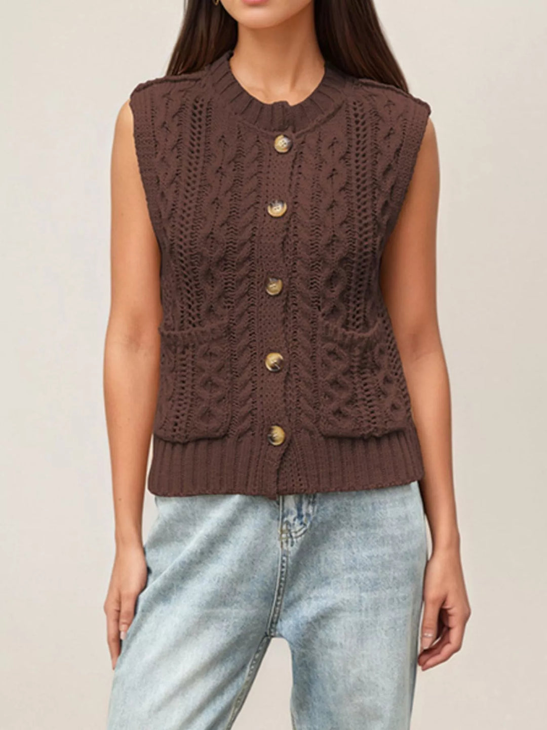 Brown Cable knit button-down sweater vest with patch pockets