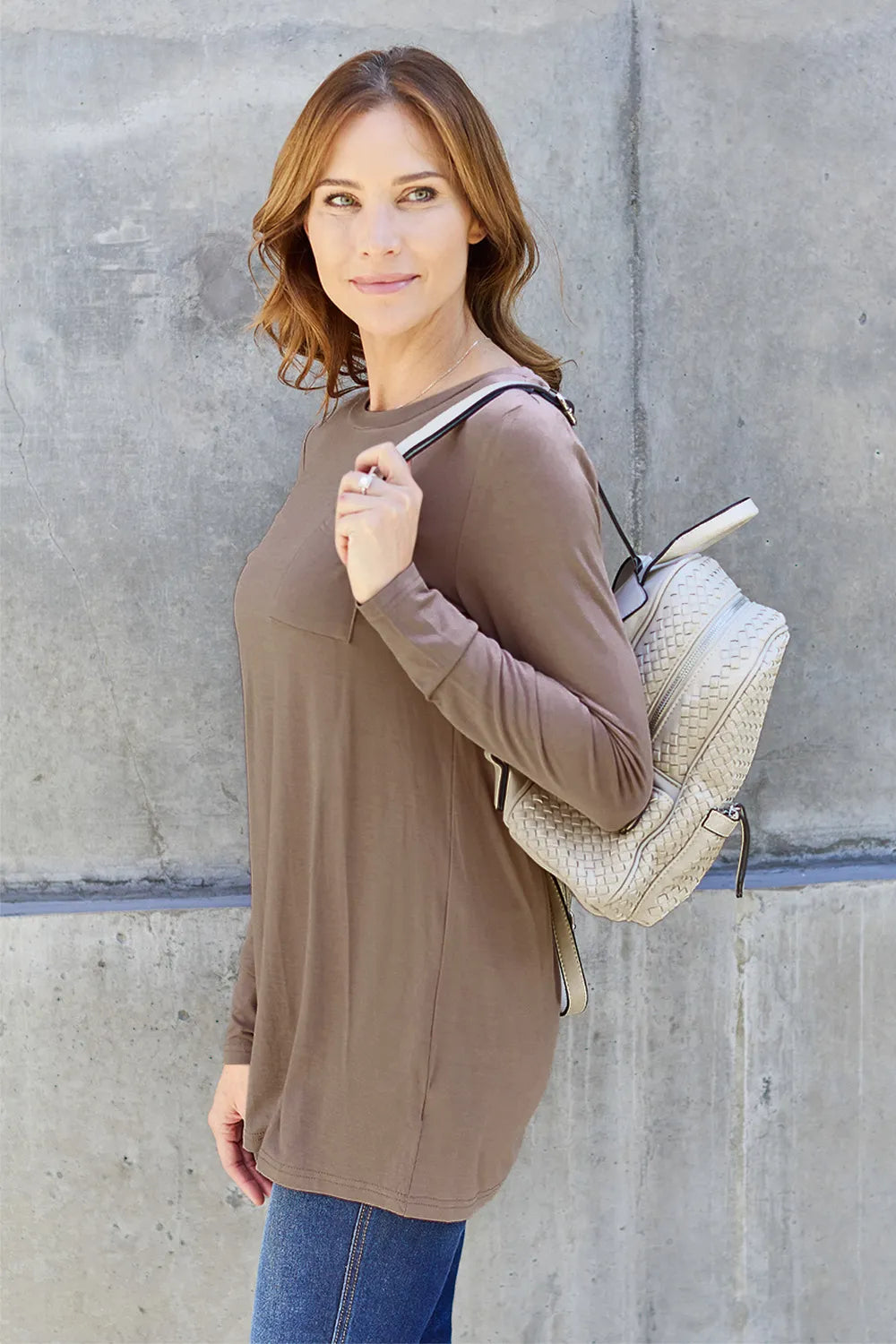 Long sleeve round neck tunic top with chest pocket