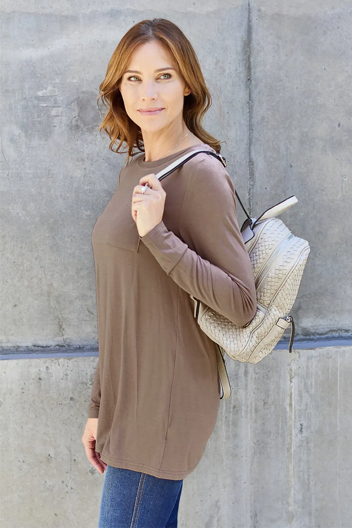 Long sleeve round neck tunic top with chest pocket