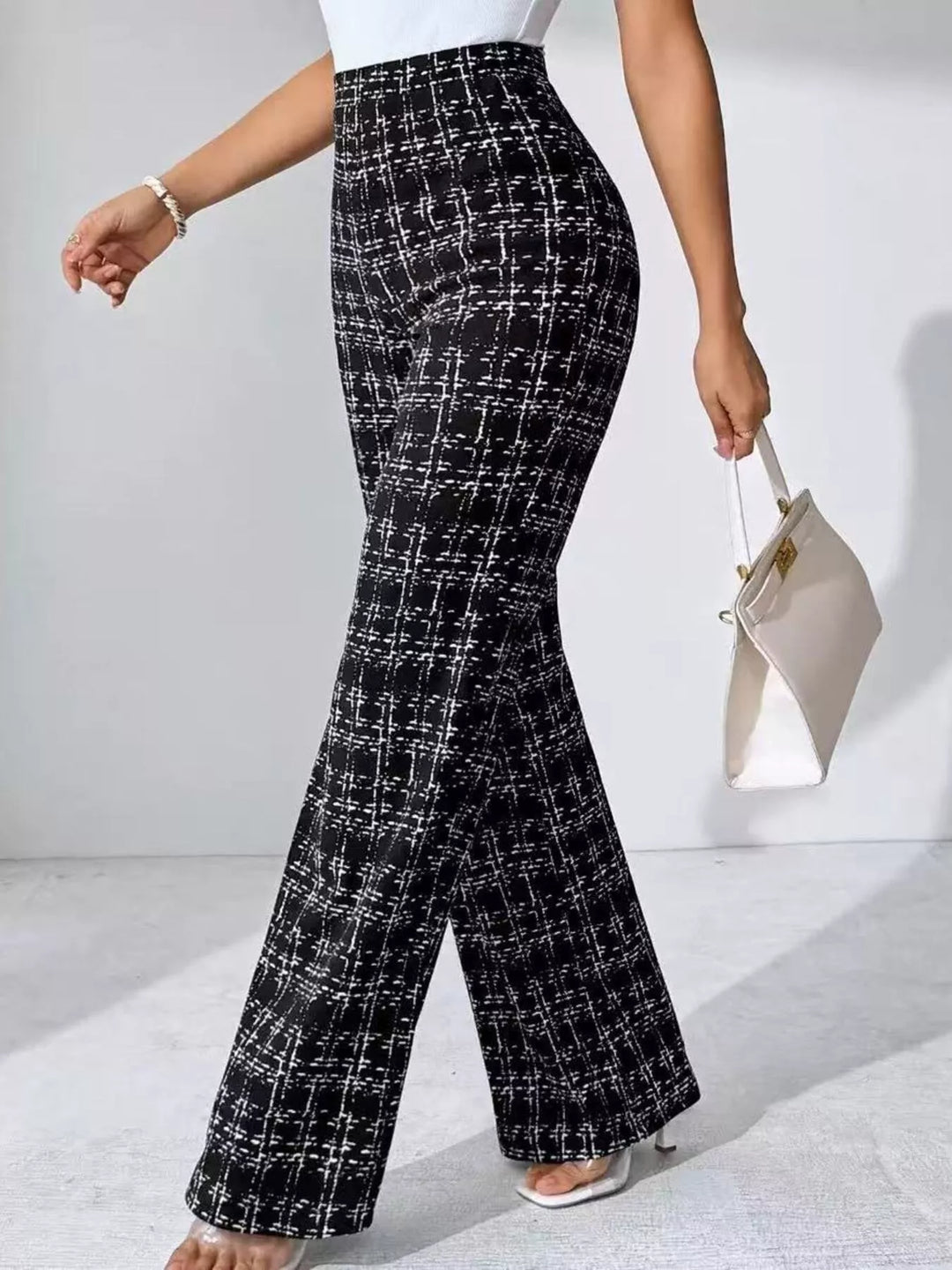Plaid print wide-leg high-rise pants