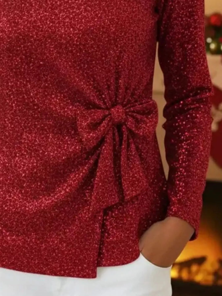 Sequin long sleeve top with side bow-knot tie