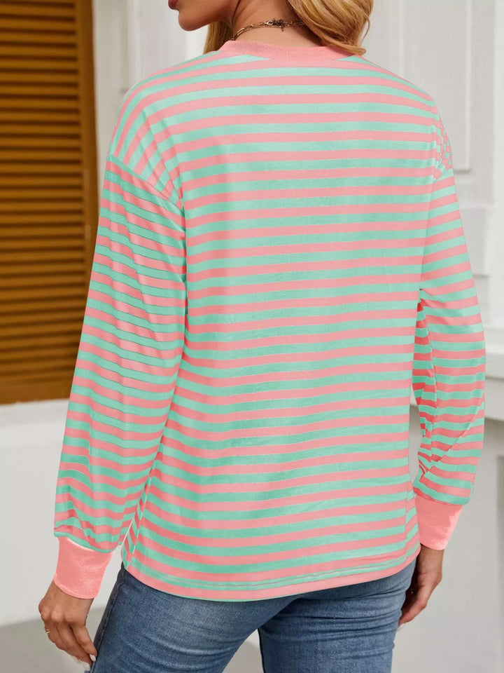 Contrast-trim striped long sleeve crew neck top