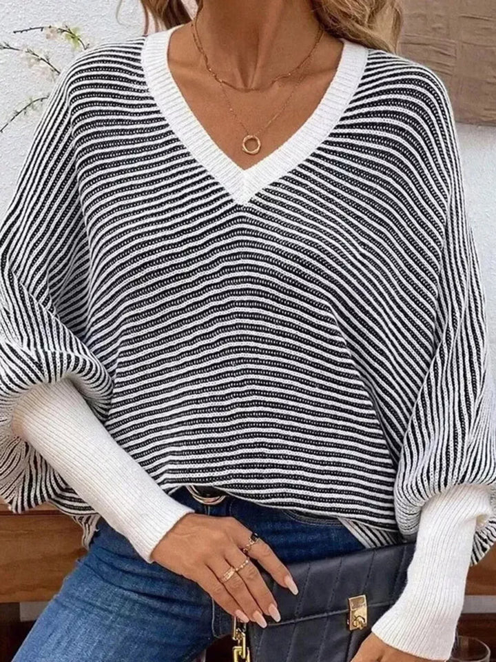 Striped ribbed knit batwing sleeve V-neck sweater