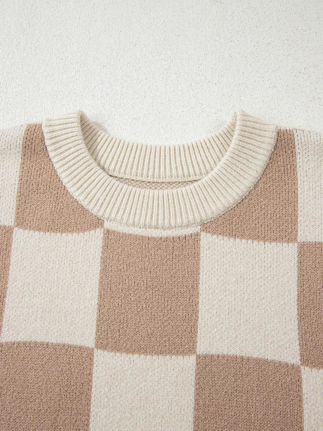 Checkered knit crewneck sweater with ribbed trim