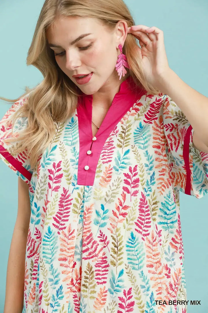 Leaf print flutter sleeve tiered mini dress