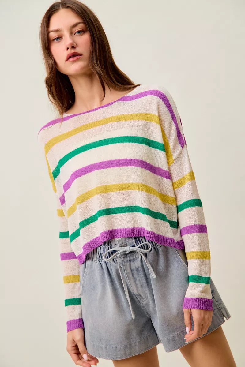 Color stripe lightweight knit sweater with boat neck