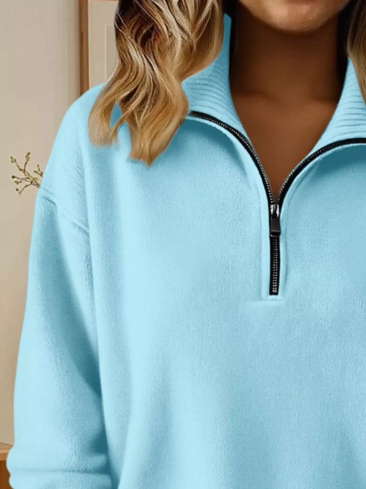 Half-zip dropped-shoulder knit sweater with ribbed collar