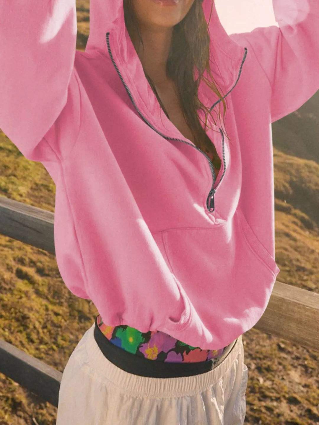 Half-zip hoodie with dropped shoulders and kangaroo pocket