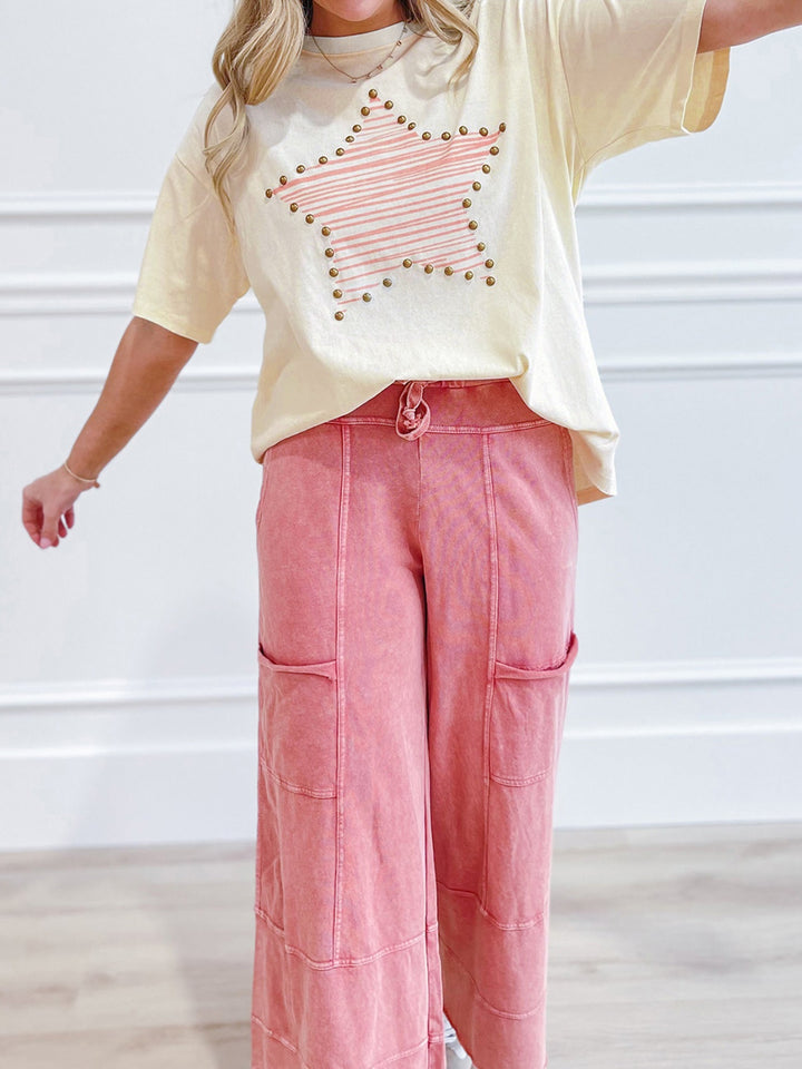 Beige Star graphic stud-trim short sleeve cotton tee
