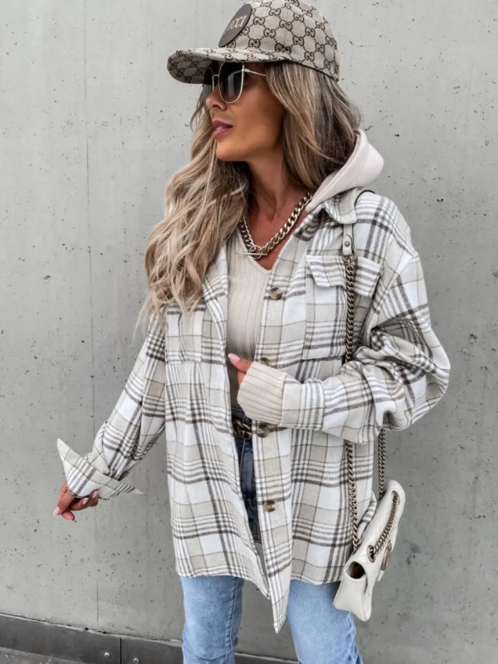 Plaid hooded shacket with drop shoulders and chest pockets