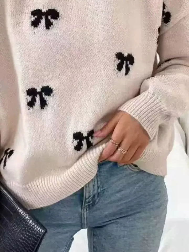 Bow print drop shoulder crew neck sweater