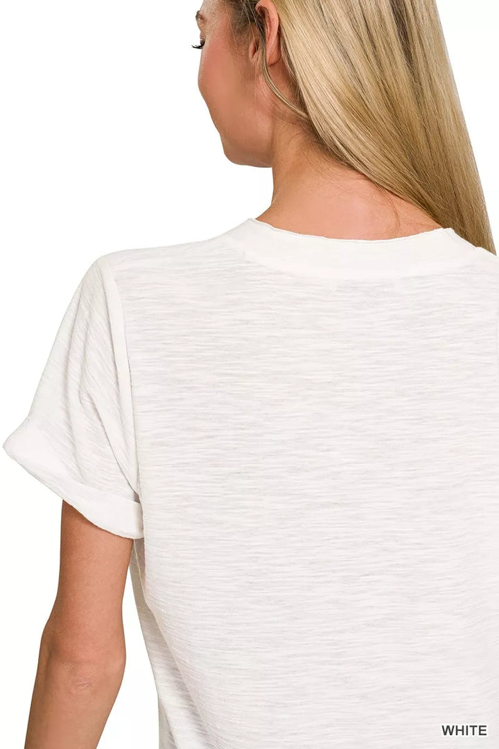 Slub knit V-neck tee with rolled sleeves and chest pocket