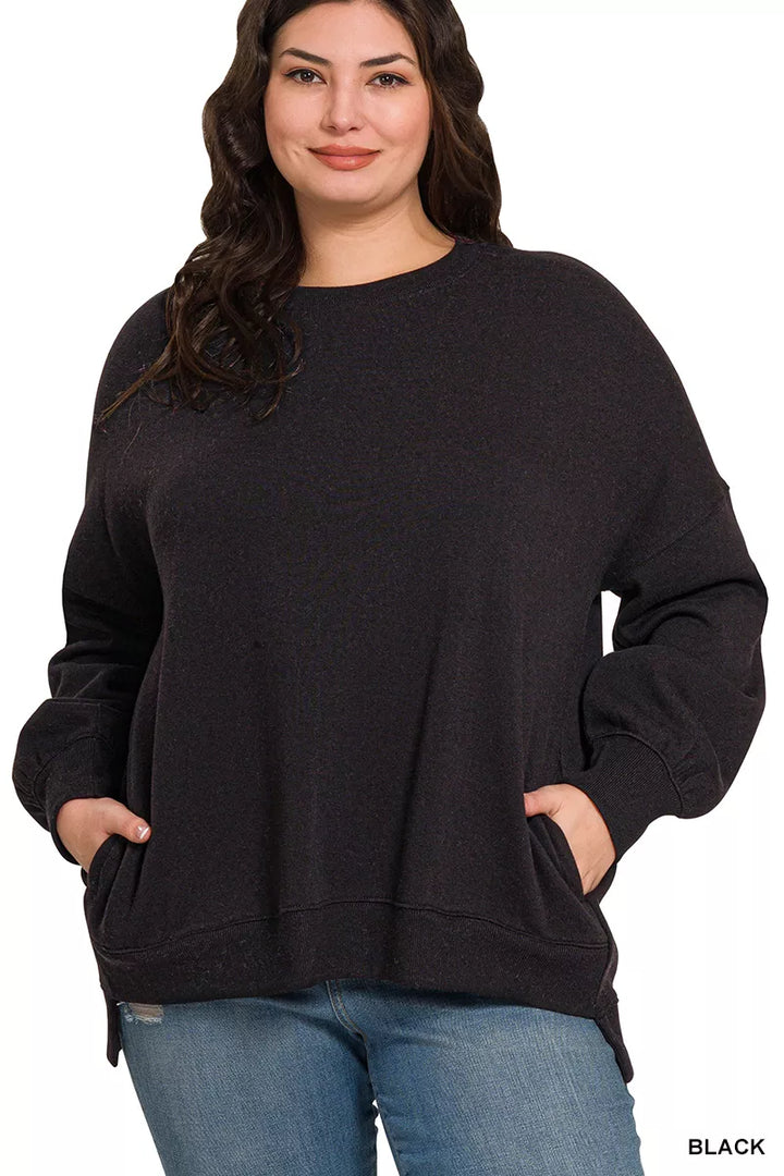 Hi-low fleece boyfriend sweatshirt with side pockets
