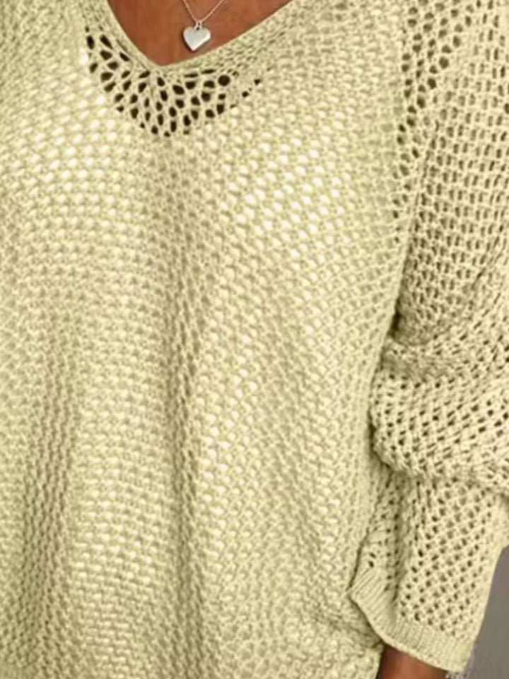 Openwork knit hooded pullover cover-up with V-neck