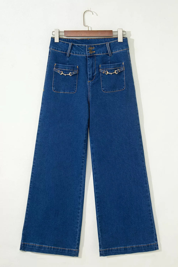 Wide leg jeans with gold bit hardware patch pockets