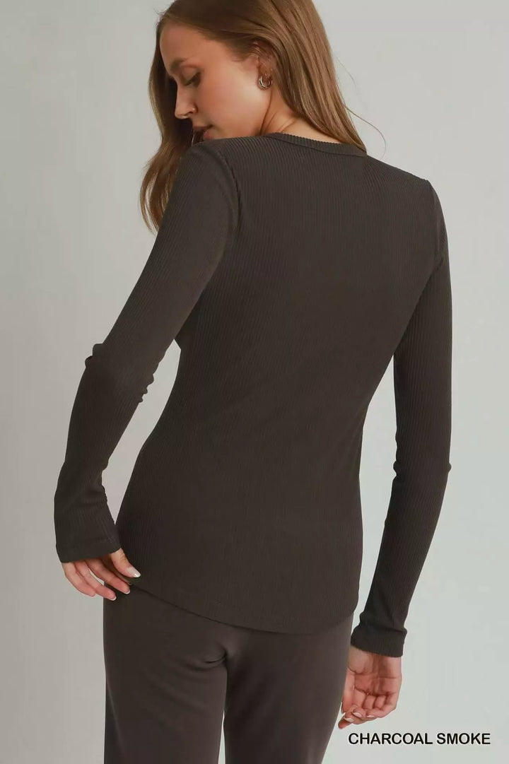 Brushed ribbed long sleeve fitted crew neck top