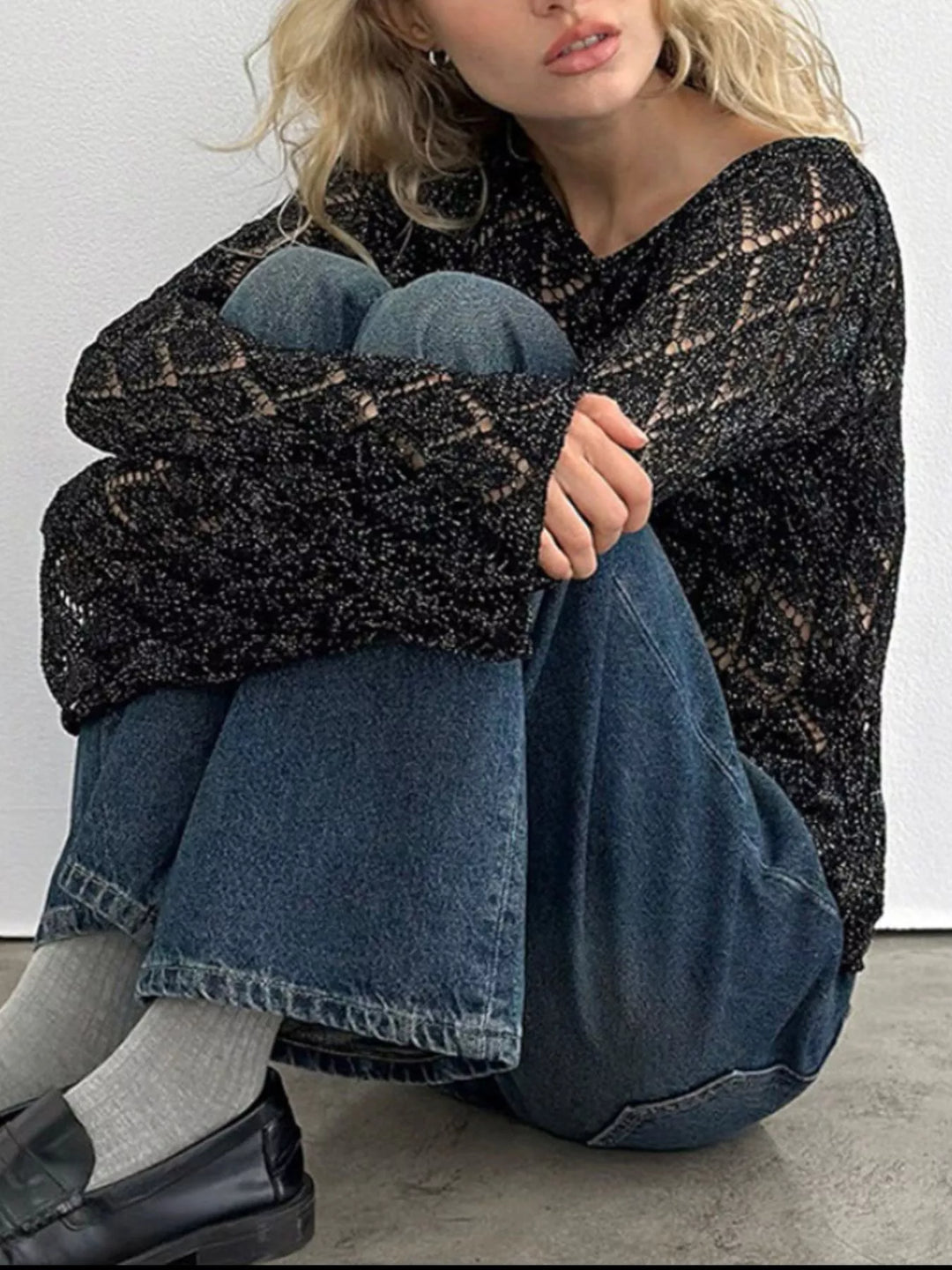 Sheer openwork knit long sleeve top with boat neck