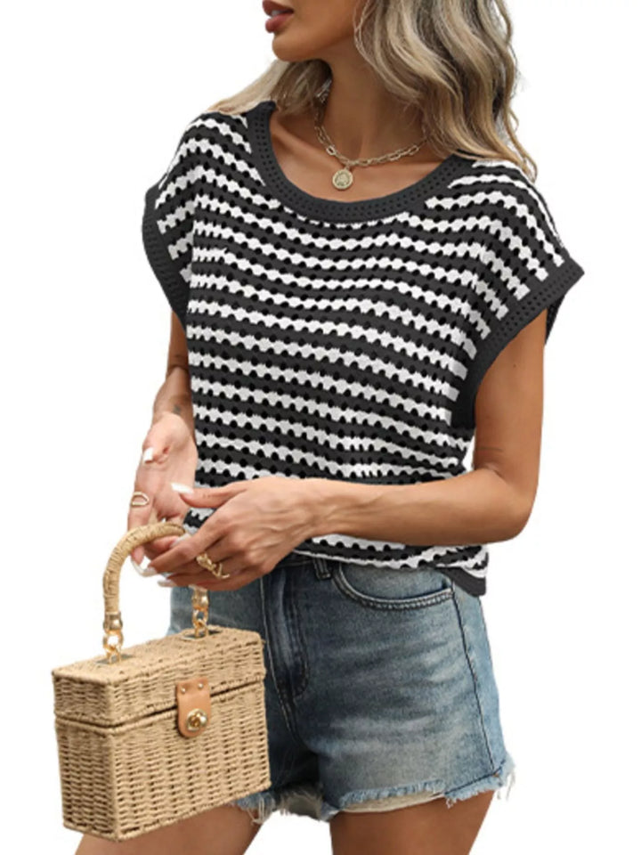 Striped open-knit top with cap sleeves and scoop neck