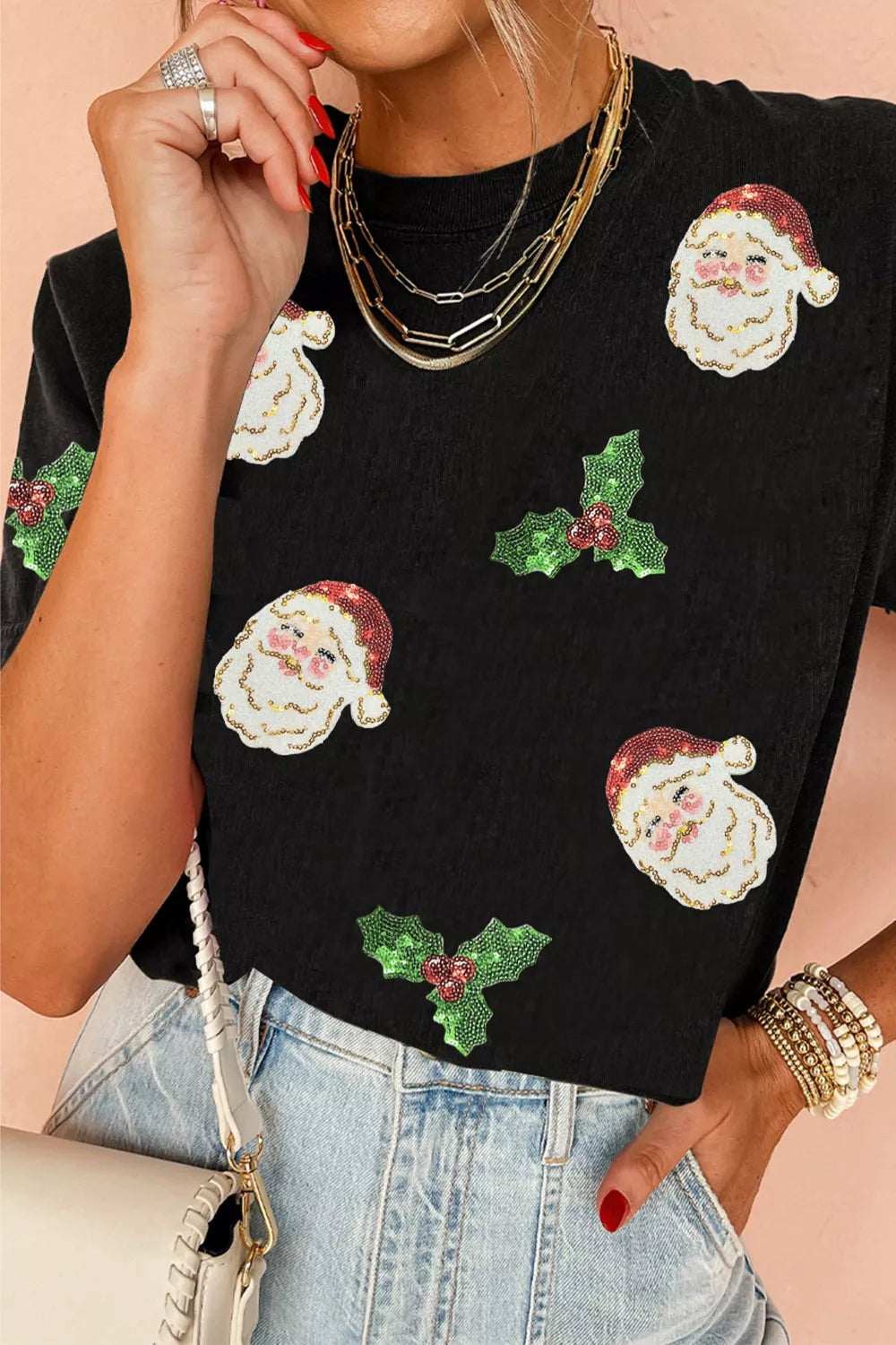 Sequin Santa and holly Christmas graphic tee
