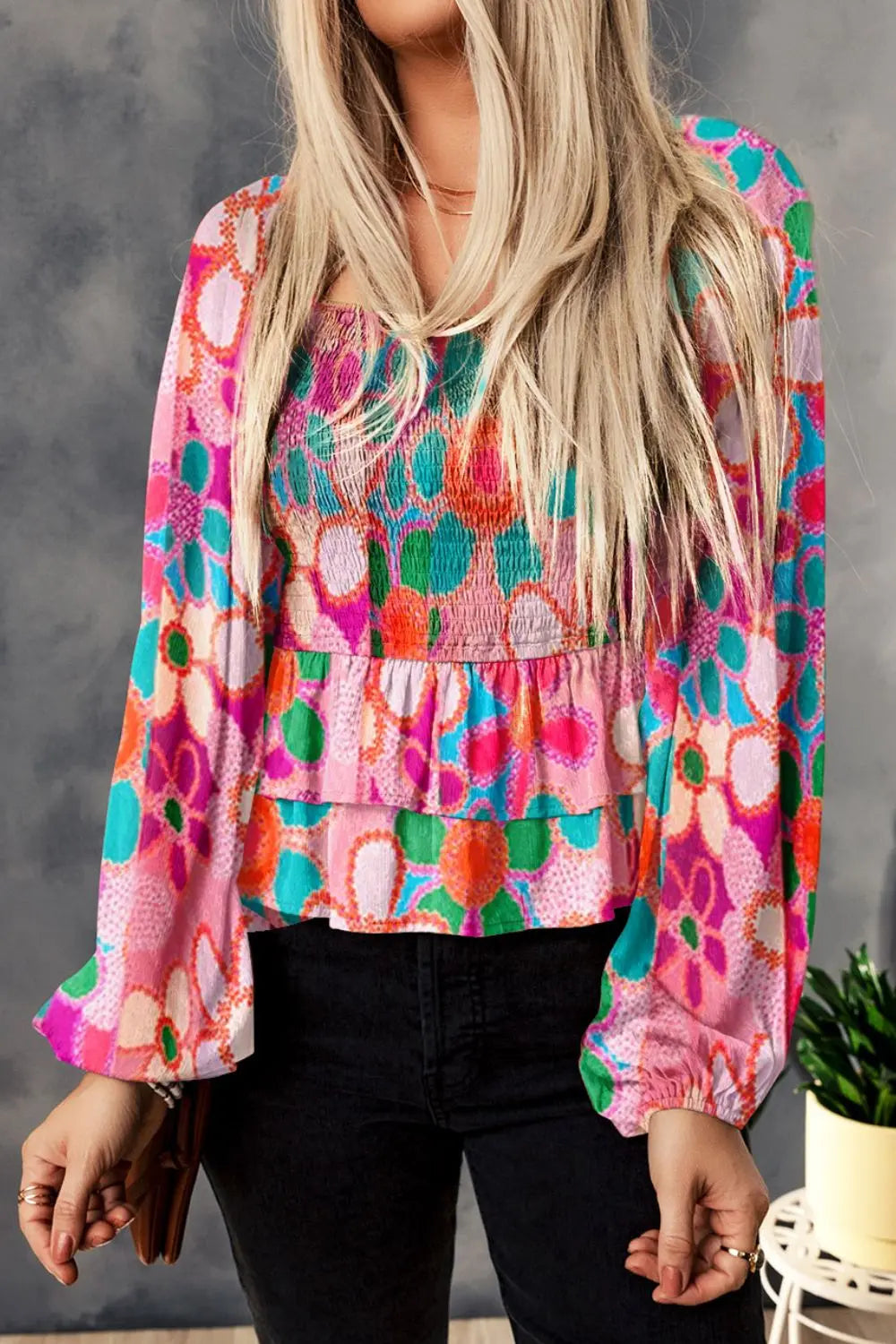 Multicolor Floral smocked balloon sleeve blouse with tiered ruffle hem