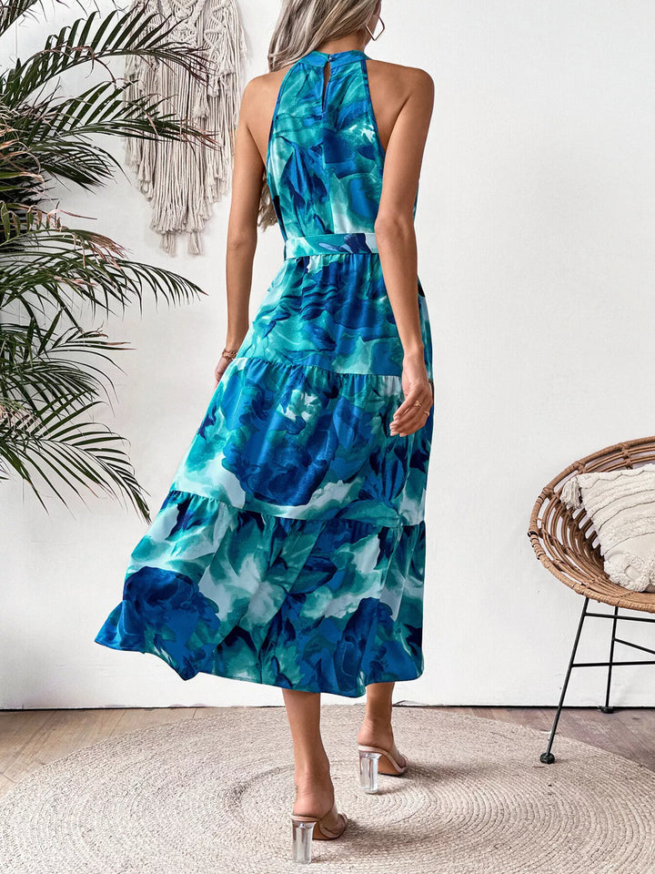Watercolor floral halter midi dress with tiered skirt