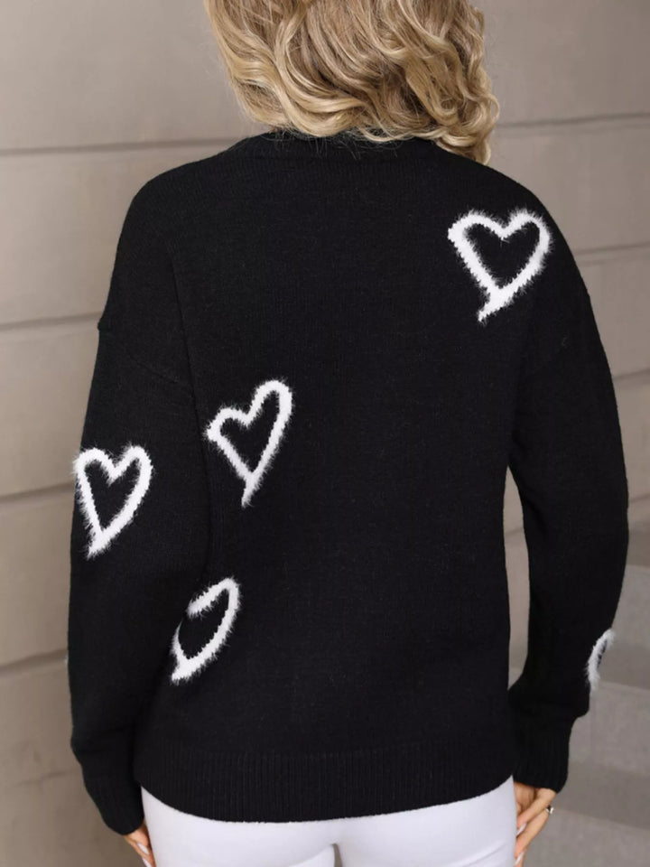 Fuzzy heart crew neck sweater with ribbed trim