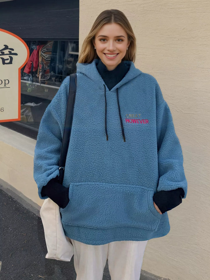Blue Oversized sherpa hoodie with kangaroo pocket and drawstring hood