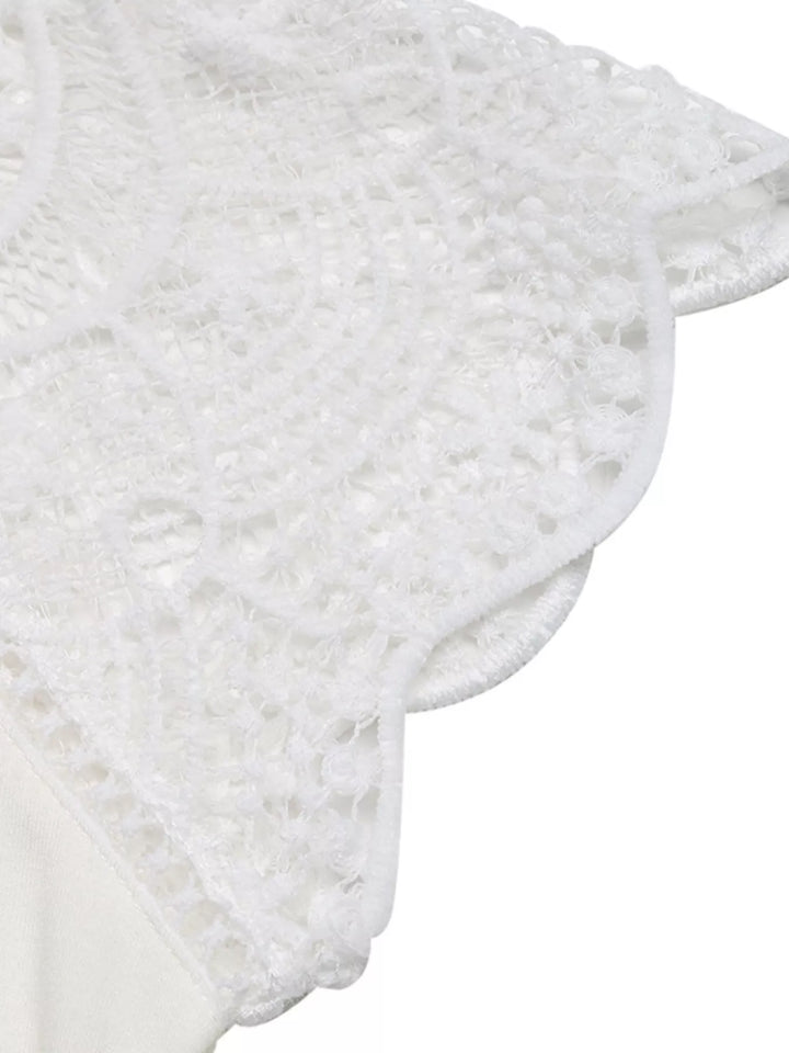 Crochet lace short sleeve top with notch neckline