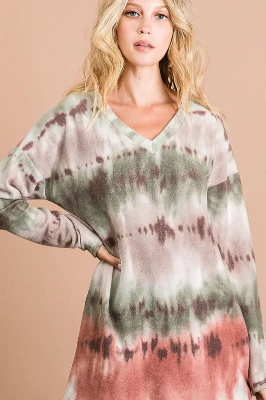 Brushed knit tie-dye V-neck long sleeve top