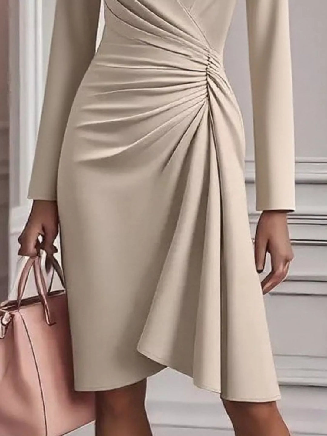 Ruched surplice long sleeve midi dress with asymmetric hem