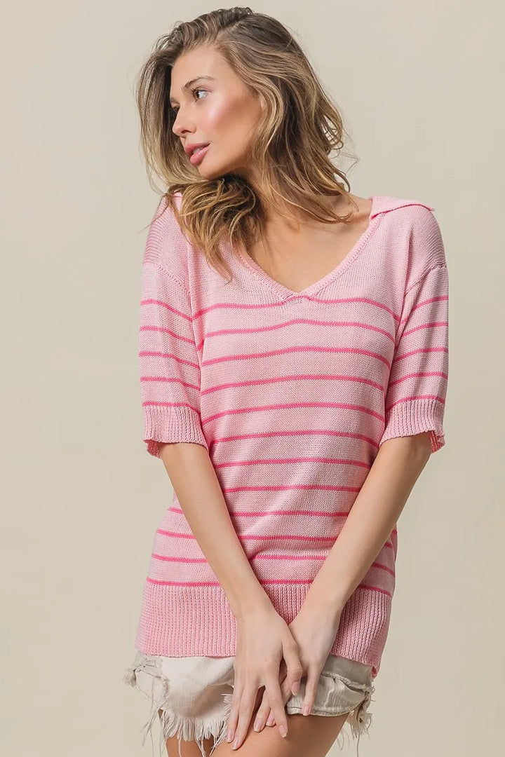 LT PINK/HOT PINK Striped short sleeve V-neck knit sweater with collar
