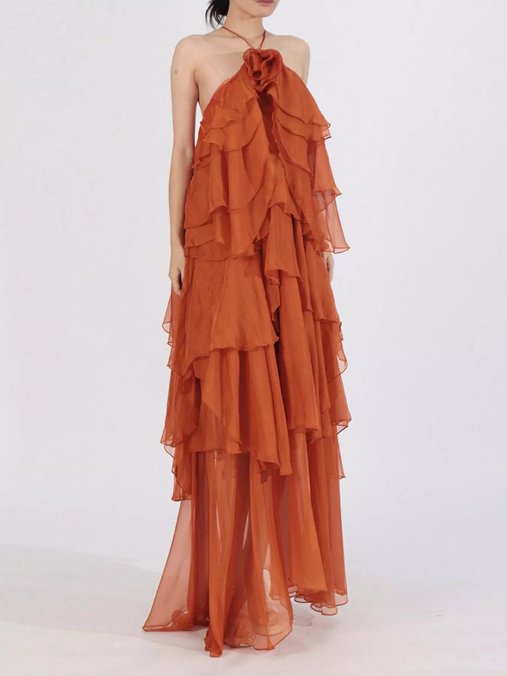 Tiered ruffle chiffon halter maxi dress with rosette