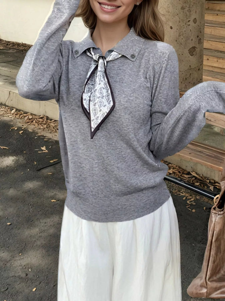 Gray Scarf-tie collared long sleeve knit sweater