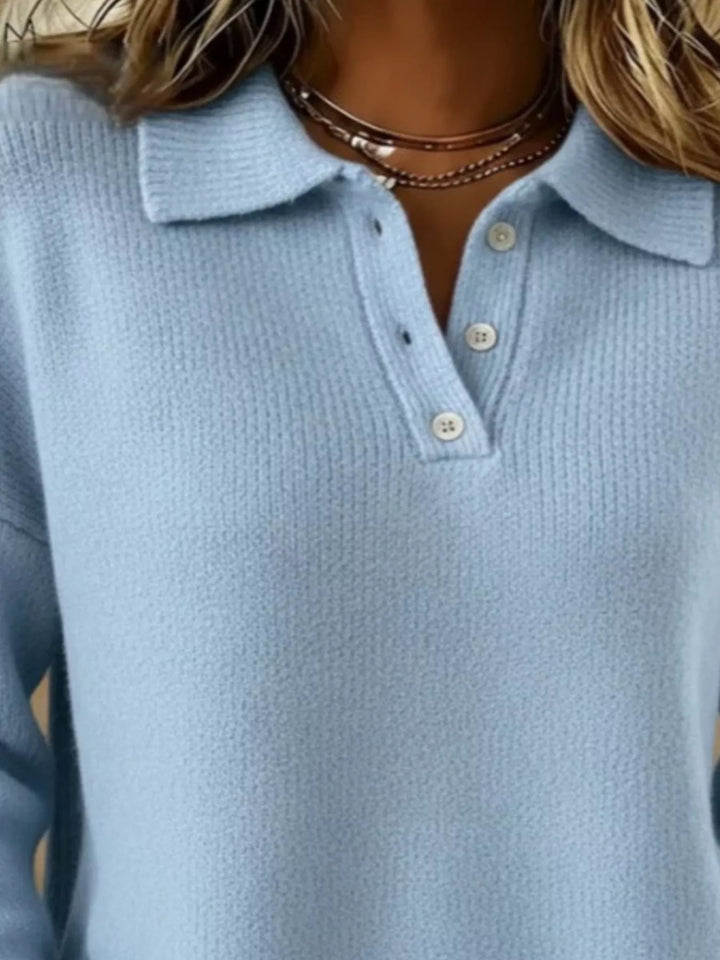 Dropped shoulder polo collar button knit sweater