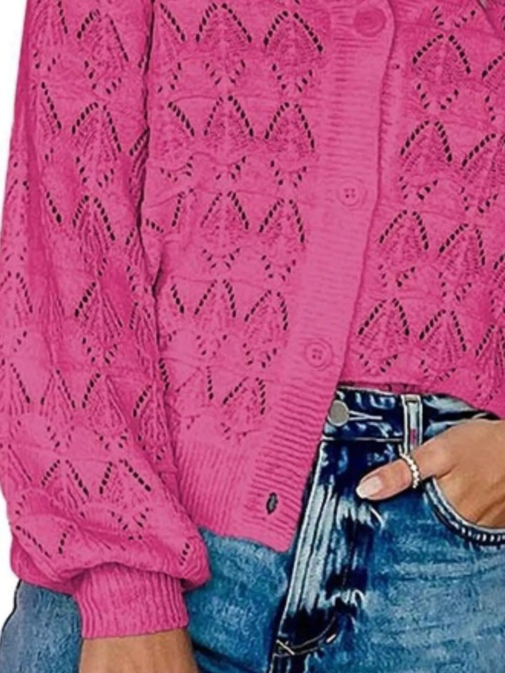 Pointelle openwork V-neck button-down knit cardigan