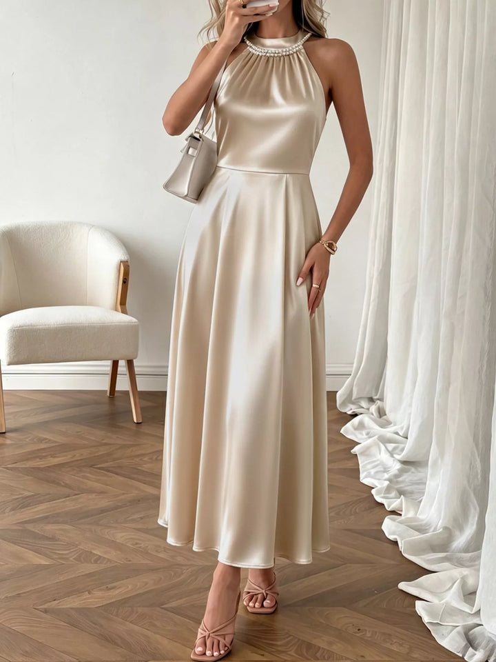 Gold Pearl-trim halter satin midi dress with ruched bodice