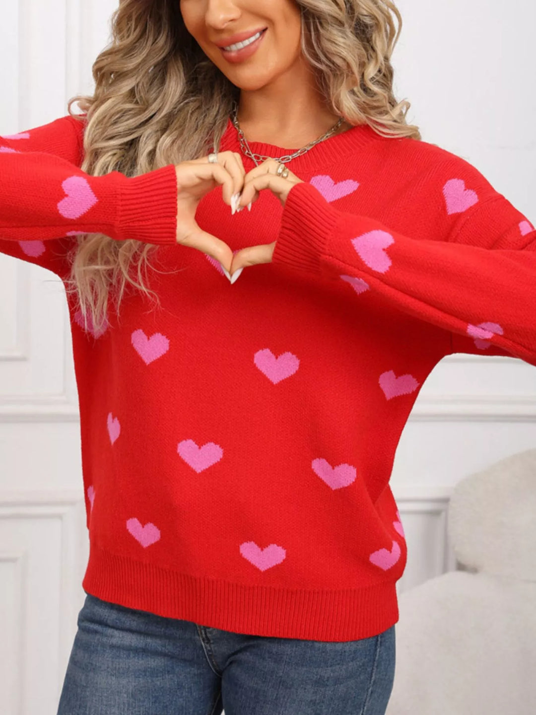 Rose Red Heart pattern dropped shoulder crew neck sweater