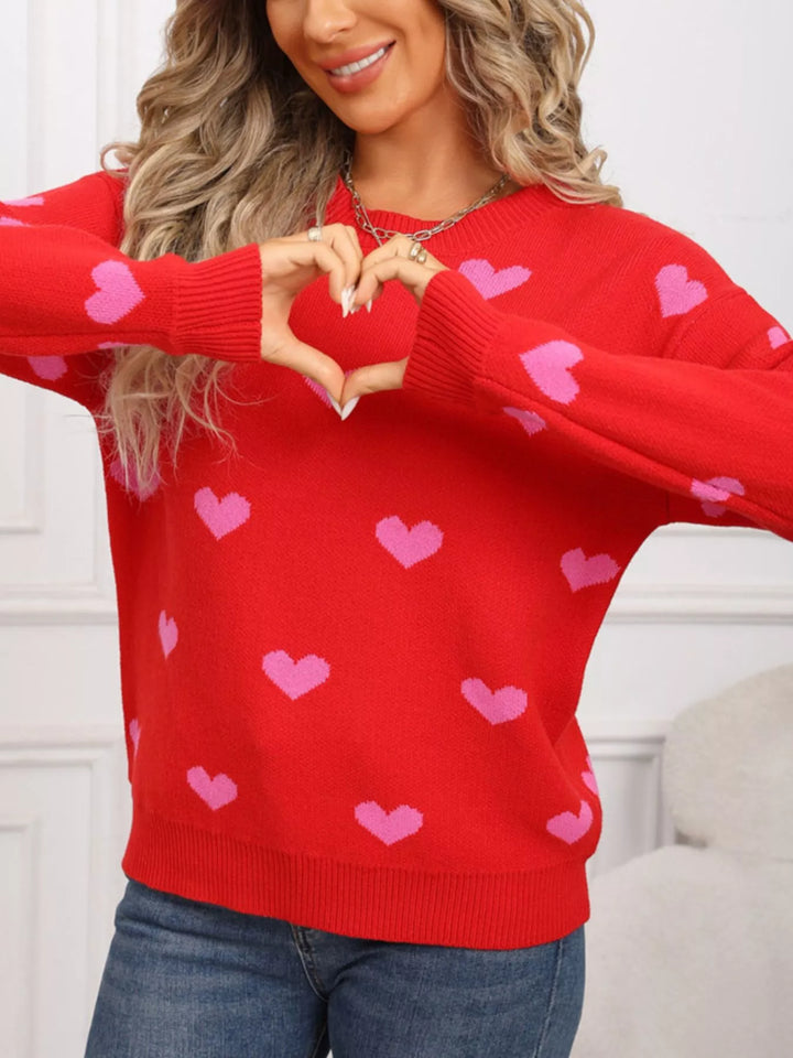 Rose Red Heart pattern dropped shoulder crew neck sweater