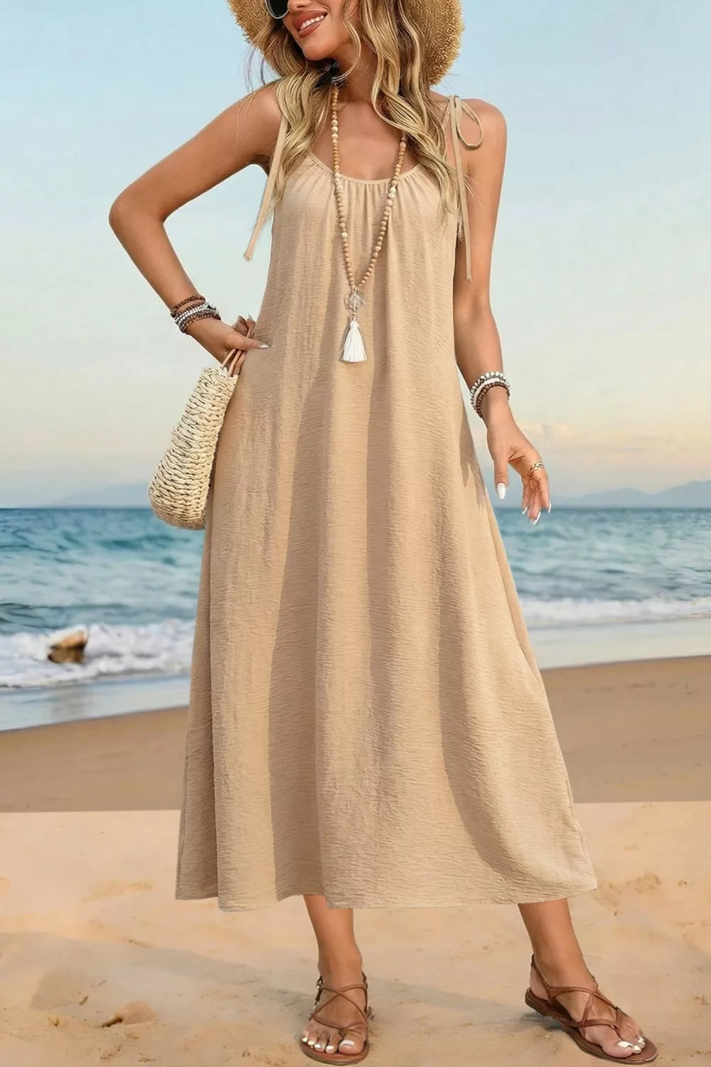 Tie-shoulder sleeveless flowy cotton midi dress